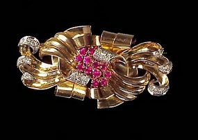 Retro 18K Gold, Platinum, Diamond & Ruby Duette Brooch