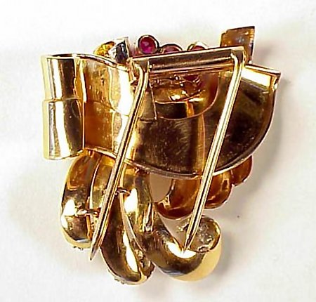 Retro 18K Gold, Platinum, Diamond &amp; Ruby Duette Brooch