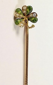 Art Nouveau 14K Gold, Enamel & Pearl Shamrock Stick Pin