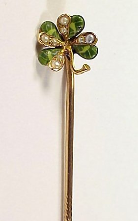 Art Nouveau 14K Gold, Enamel &amp; Pearl Shamrock Stick Pin