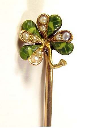Art Nouveau 14K Gold, Enamel &amp; Pearl Shamrock Stick Pin