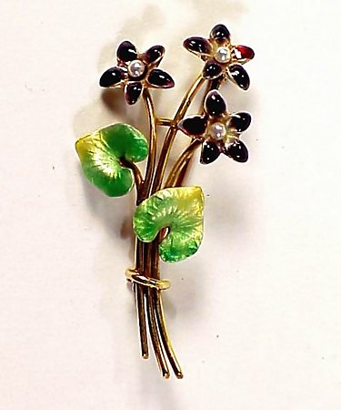 Krementz Edwardian Enameled 14K Gold Pearl Brooch