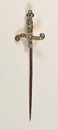 Victorian 14K Gold, Emerald &amp; Pearl Sword Stick Pin