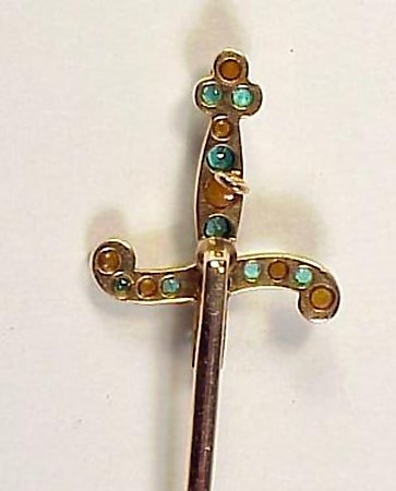 Victorian 14K Gold, Emerald &amp; Pearl Sword Stick Pin
