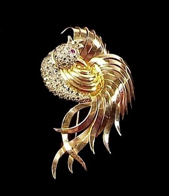 Retro French 18K Gold, Diamond & Ruby Phoenix Brooch