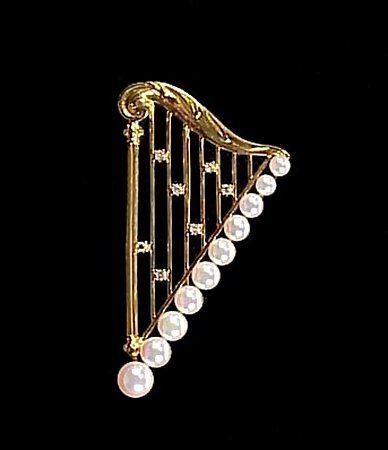 Mikimoto 18K Gold, Pearl &amp; Diamond Harp Brooch