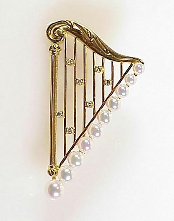 Mikimoto 18K Gold, Pearl &amp; Diamond Harp Brooch