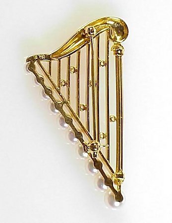 Mikimoto 18K Gold, Pearl &amp; Diamond Harp Brooch
