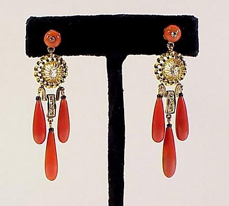French Victorian 18K Gold Diamond Coral Onyx Earrings