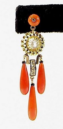 French Victorian 18K Gold Diamond Coral Onyx Earrings