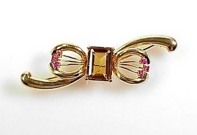 Retro 14K Gold, Citrine & Ruby Bow Brooch