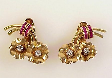 Retro 18K Gold, Ruby &amp; Diamond Floral Earrings