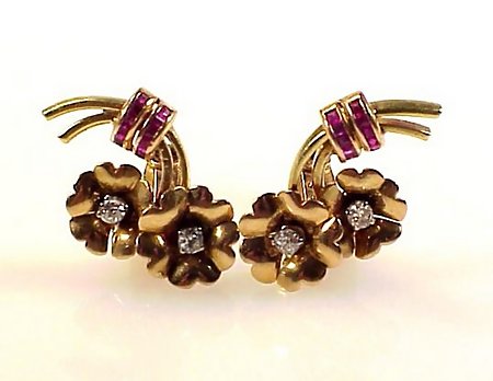 Retro 18K Gold, Ruby &amp; Diamond Floral Earrings