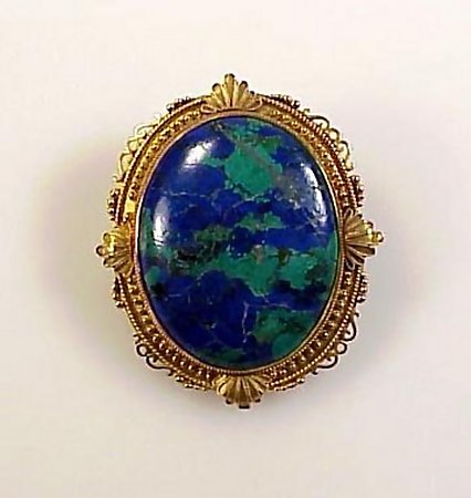 Victorian Etruscan Revival 18K Azurite-Malachite Brooch