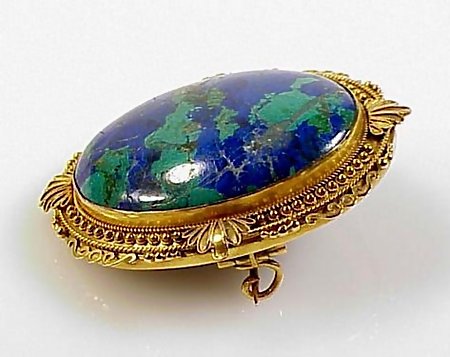 Victorian Etruscan Revival 18K Azurite-Malachite Brooch