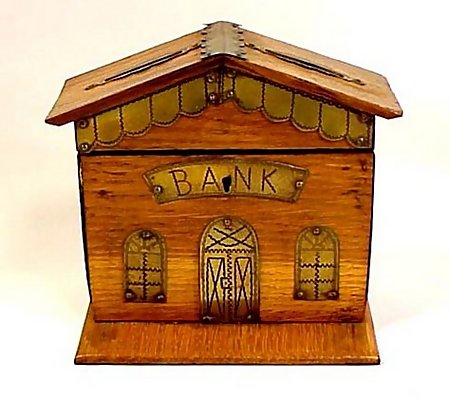 Victorian Punched Brass &amp; Oak Figural Bank