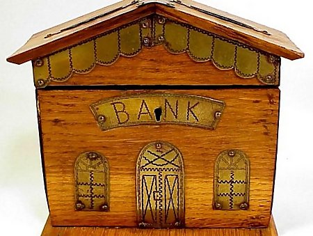 Victorian Punched Brass &amp; Oak Figural Bank