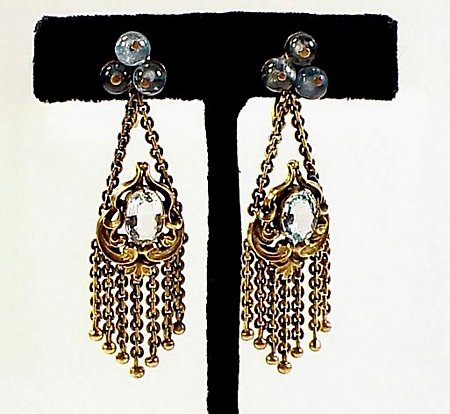 Art Nouveau 18K Gold &amp; Aquamarine Tassel Earrings