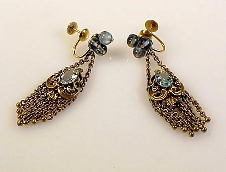 Art Nouveau 18K Gold &amp; Aquamarine Tassel Earrings
