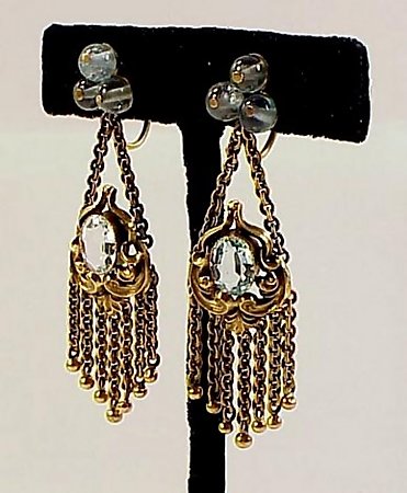 Art Nouveau 18K Gold &amp; Aquamarine Tassel Earrings
