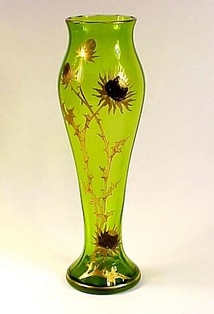 Moser Enameled &amp; Gilt Thistle Cased Green Glass Vase