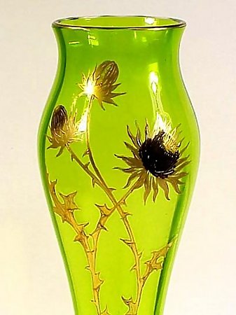 Moser Enameled &amp; Gilt Thistle Cased Green Glass Vase