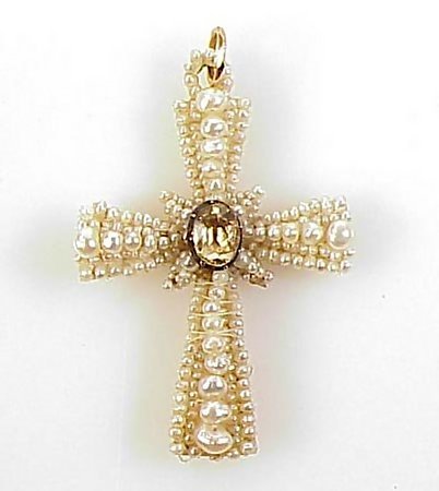 Georgian 9K Gold, Seed Pearl &amp; Citrine Cross Pendant
