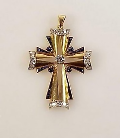 Deco 18K Gold Platinum Diamond Sapphire Cross Pendant