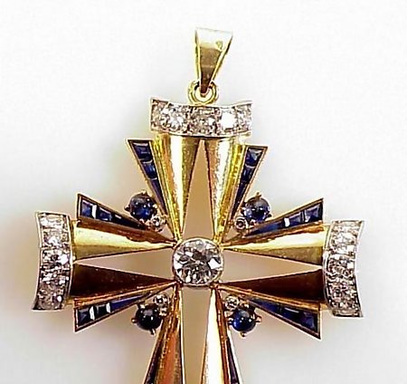 Deco 18K Gold Platinum Diamond Sapphire Cross Pendant