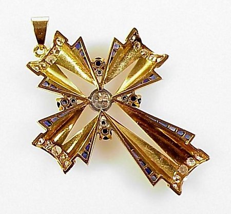 Deco 18K Gold Platinum Diamond Sapphire Cross Pendant