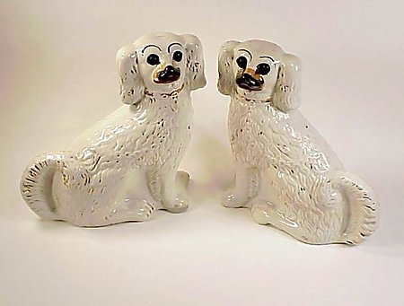 Pair Gilt Staffordshire Spaniels w/ Glass Eyes