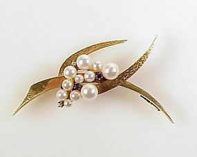 Modernist 14K Gold, Pearl, Diamond & Sapphire Brooch
