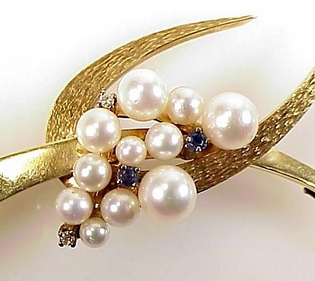 Modernist 14K Gold, Pearl, Diamond &amp; Sapphire Brooch