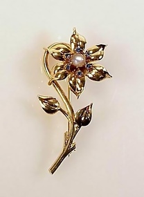 Retro 14K Gold, Sapphire & Moonstone Floral Brooch