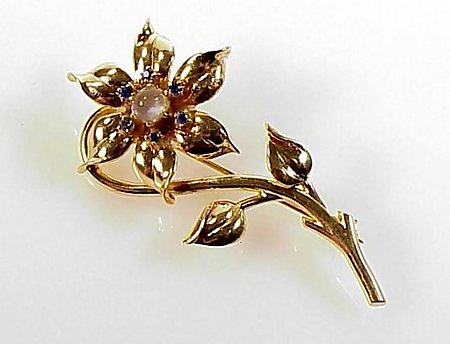 Retro 14K Gold, Sapphire &amp; Moonstone Floral Brooch