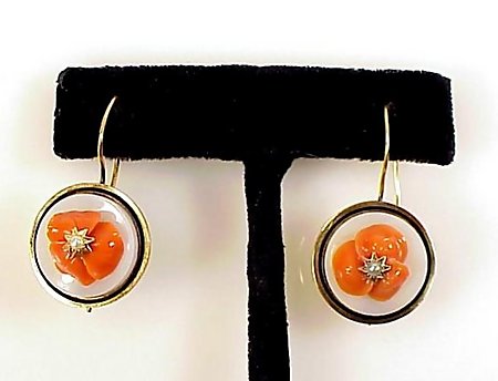 Victorian 18K Gold Chalcedony Coral Pearl Earrings Pin