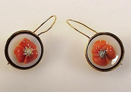 Victorian 18K Gold Chalcedony Coral Pearl Earrings Pin