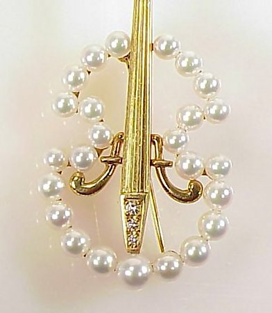 Mikimoto 18K Gold, Pearl &amp; Diamond Cello Brooch