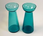 Pair Victorian Teal Blue Glass Hyacinth Vases
