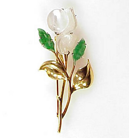 Retro 14K Gold Carved Jade & Rock Crystal Floral Brooch
