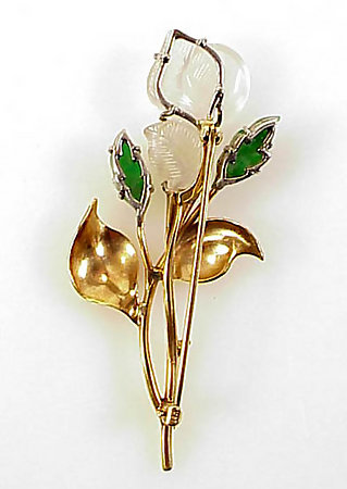 Retro 14K Gold Carved Jade &amp; Rock Crystal Floral Brooch