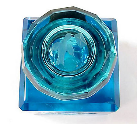 Victorian Engraved Peacock Blue Glass Inkwell