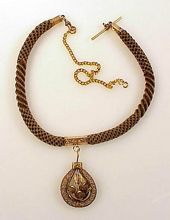 Victorian 14K Gold &amp; Woven Hair Watch Fob Necklace
