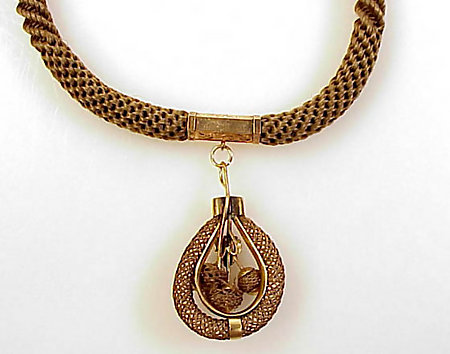 Victorian 14K Gold &amp; Woven Hair Watch Fob Necklace