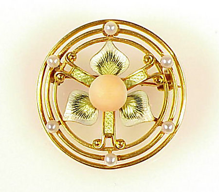 Newark Art Nouveau 14K Gold Enamel Coral Pearl Brooch