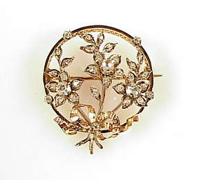 French Napoleon III 18K Gold Diamond Floral Circle Pin