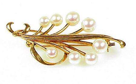 Signed Mikimoto 14K Yellow Gold &amp; Pearl Brooch