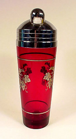 Art Deco Silver Overlay Ruby Glass Cocktail Shaker