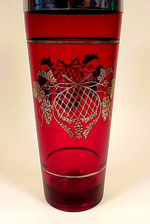 Art Deco Silver Overlay Ruby Glass Cocktail Shaker