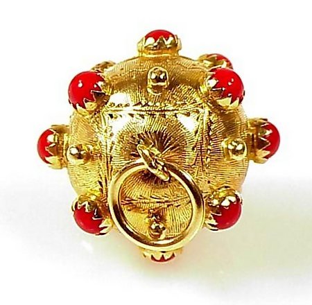 Venetian Etruscan 18K Gold &amp; Red Coral Fob Charm